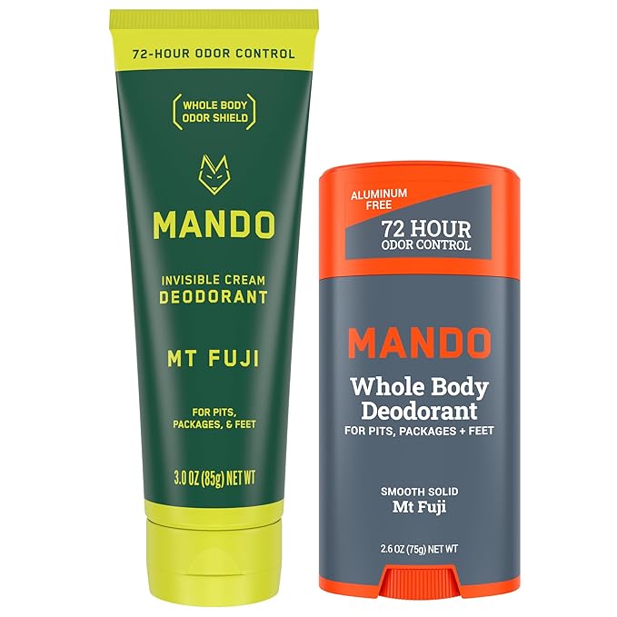 Mando Whole Body Deodorant - Invisible Cream Tube and Solid Stick - 72 Hour Odor Control - Aluminum Free Baking Soda Free Skin Safe - 3.0 Ounce Tube and 2.6 Ounce Solid Stick Bundle - Mt Fuji