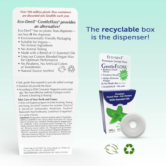 Eco-Dent GentleFloss Dental Floss Waxed Mint - Floss with Vegan Plant-Based Wax Recyclable Cardboard Packaging 100 Yds Ea (Pack of 6)