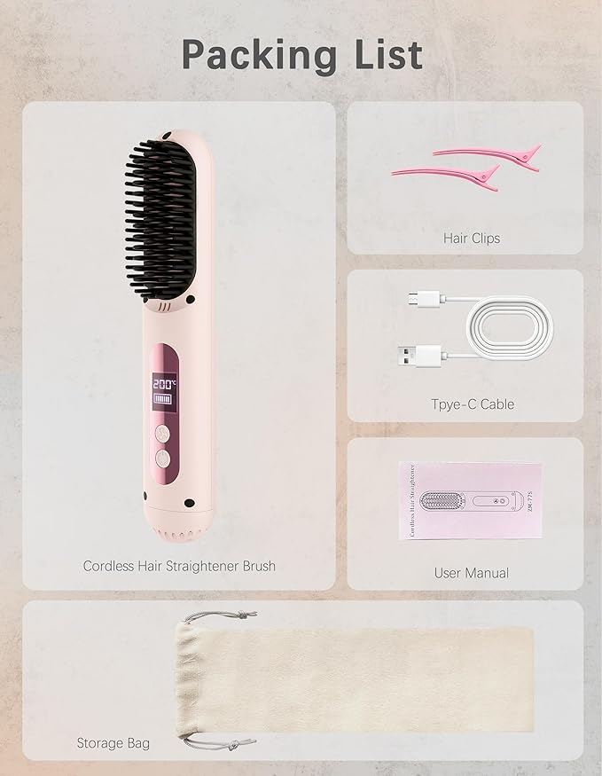 Cordless Hair Straightener Brush Portable Hair Straightener with Cooling Mode Negative Ions for Frizz-Free Shine &amp LED Display USB-C Charging &amp Fast Heating Gift for Women