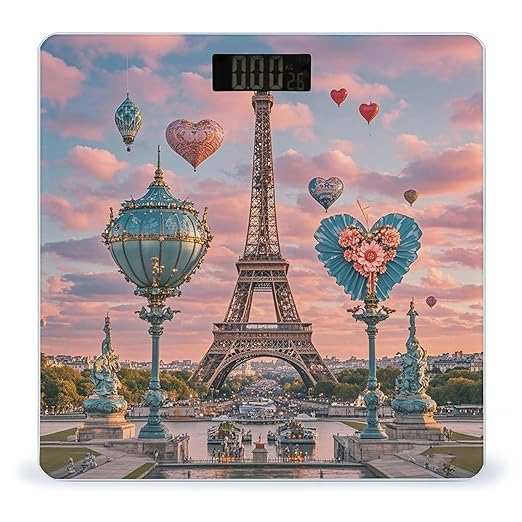 Romantic Paris Eiffel Tower 2 Bathroom Scale for Body Weight Bathroom Weighing Scales with Back Lit LED Display Sturdy Tempered Glass Body Weight Bathroom Scale 400lb Weighing