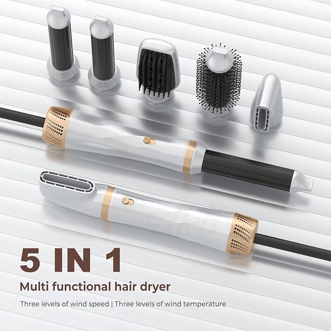 Hair Dryer Brush 5 in 1 Blow Dryer Brush Set High Speed Hot Air Styler Auto Wrap Curlers for Frizz-Free Volume Multifunctional Hair Dryer for Curling Straightening Volumizing (Platinum)