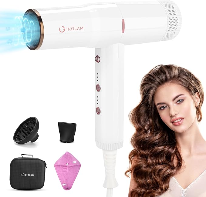 Hair Blow Dryer with Diffuser IG INGLAM Professional High Speed Brushless Motor Negative Ion Low Noise Constant Temperature 3 Heat Settings 3 Speeds and Cool Shot Brutton Powerful Ionic Hair Dryer