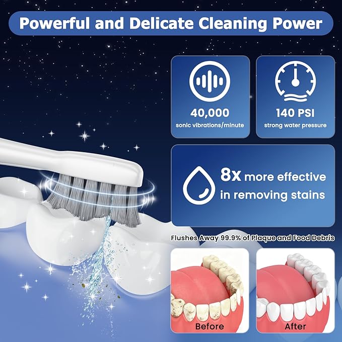 Electric Toothbrush with Water Flosser Upgraded 2.0 Electric Toothbrush for Adults 5 Floss Speeds &amp 3 Modes with 3 Brush + 1 Nozzle 500ML Tank IPX7 Waterproof for Braces &amp Gum Care - White