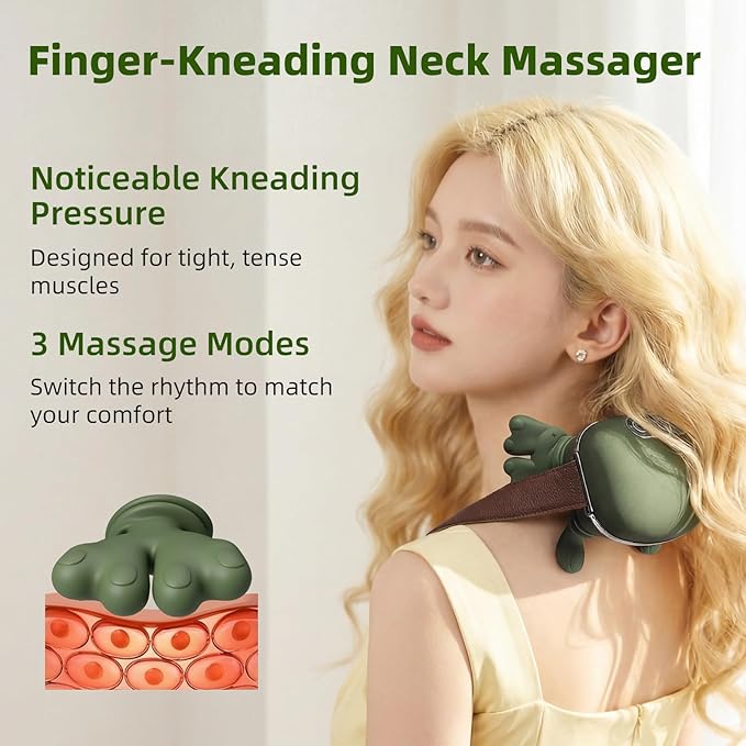 Neck Massager with Finger Kneading Deep Tissue Neck &amp Shoulder Massager 4D Palm-Kneading Massage with Heat Wearable Strap Gentle Warmth for Stress &amp Tension Relief