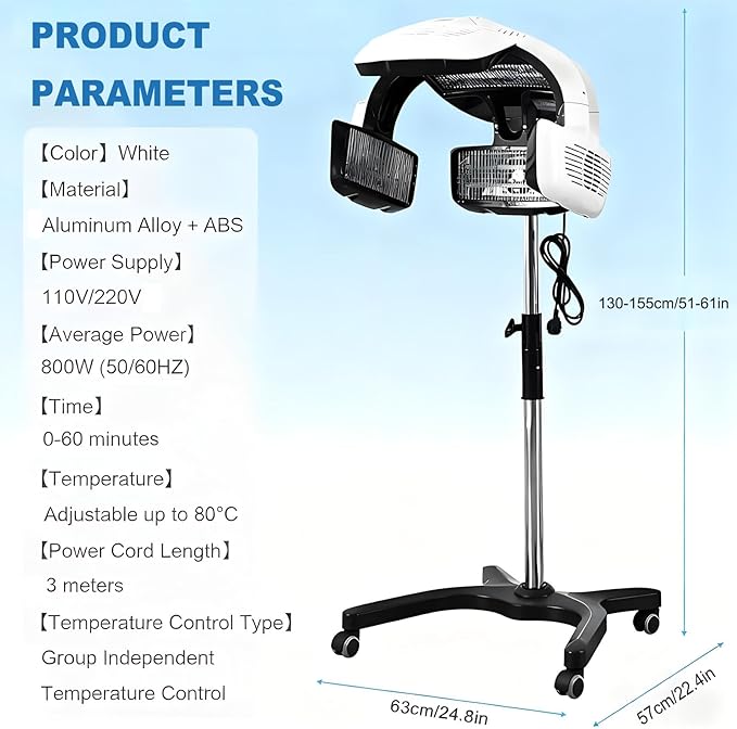 Orbiting Infrared Hair Dryer Adjusting Angle Styling Perming Dryer with Swivel Caster Rolling Base Freestanding Salon Hair Dryer with Temperature &amp Time Control 110V