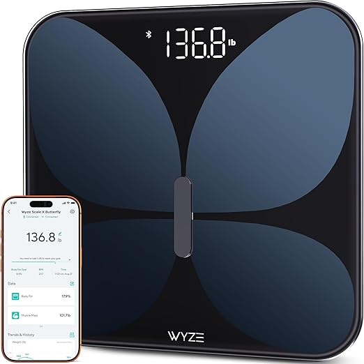 Wyze Smart Scale X Butterfly - Bathroom Scale for Body Weight BMI Body Fat Muscle Mass Accurate Bluetooth Digital Scale for Body Composition Analyzer | Sync Health Apps | ITO Glass 400 lbs Black