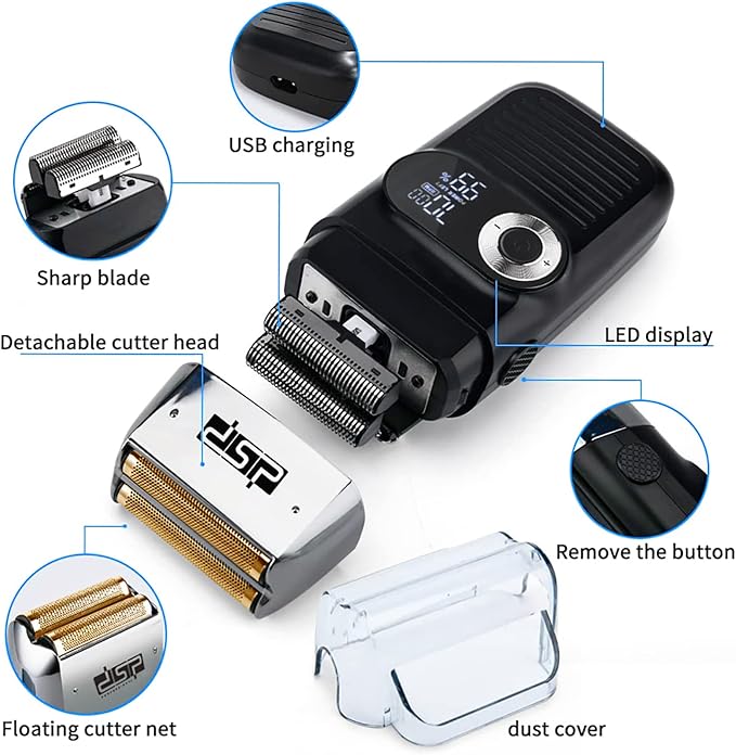 DSP® Electric Razor for Men Bald Shavers for Men 2 in 1 Double Shaver for Men with 2 Foil Head Rechargeable Barber Shaver with Precision Trimmer 3-Speed Shaver with LED Digital Display (Black)
