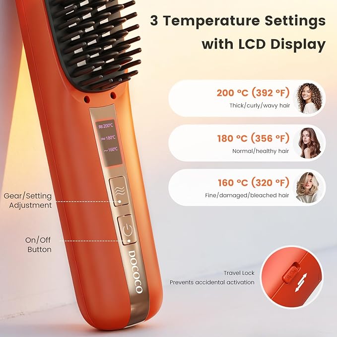 Cordless Hair Straightener Brush DOCOCO Straightening Brush with Adjustable Temperature Heat Brush Hair Straightener for Smooth Anti Frizz Hair Thick Curly Hair Brush Straightener for Women