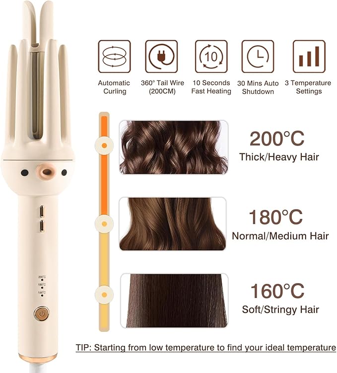 Automatic Hair Curler Rotating Curling Iron 3 Temperature Settings for All Hair Types 10s Fast Heating 20s Hold Hair Crimper Tool with Comb &amp Clips Lightweight Travel Curling Wand