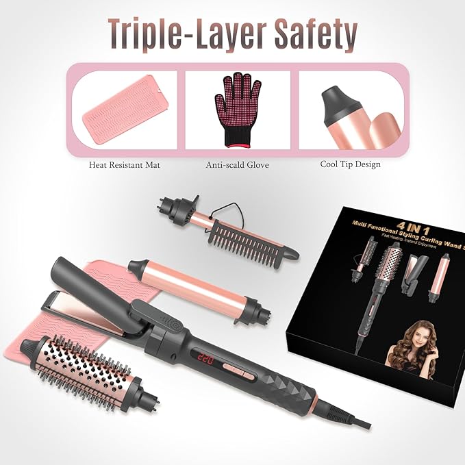 4-in-1 Curling Iron Set for Long Hair Fast Heating Ceramic Ionic Hair Curler Flat Iron &amp Hot Brush Combo Frizz-Free Styling Tool with Dual Voltage for Home &amp Travel