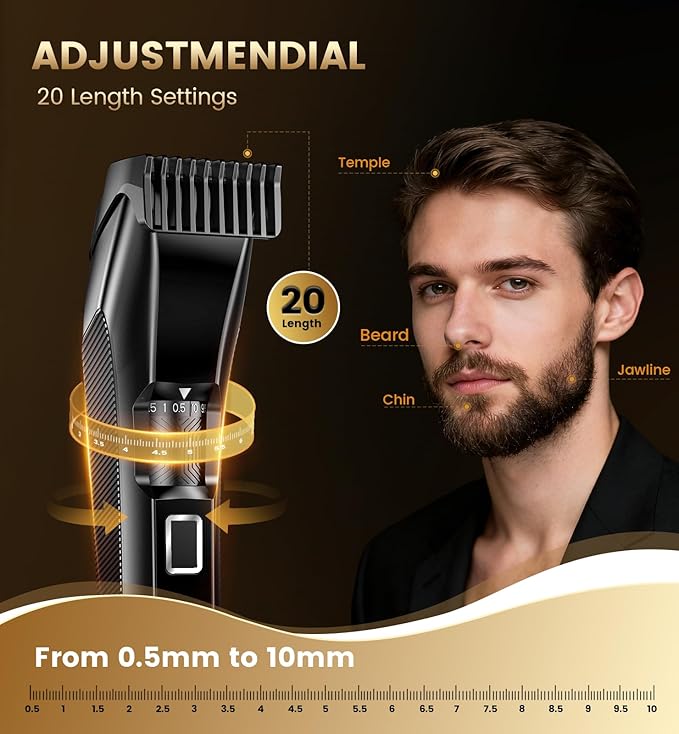 Men's Beard Trimmer-All-in-One Mustache Trimmer with 20 Length Adjustable Stainless Steel T-Blade for Precision Facial Hair Trimming Cordless IPX7 Waterproof Wet/Dry ClipperLED Display