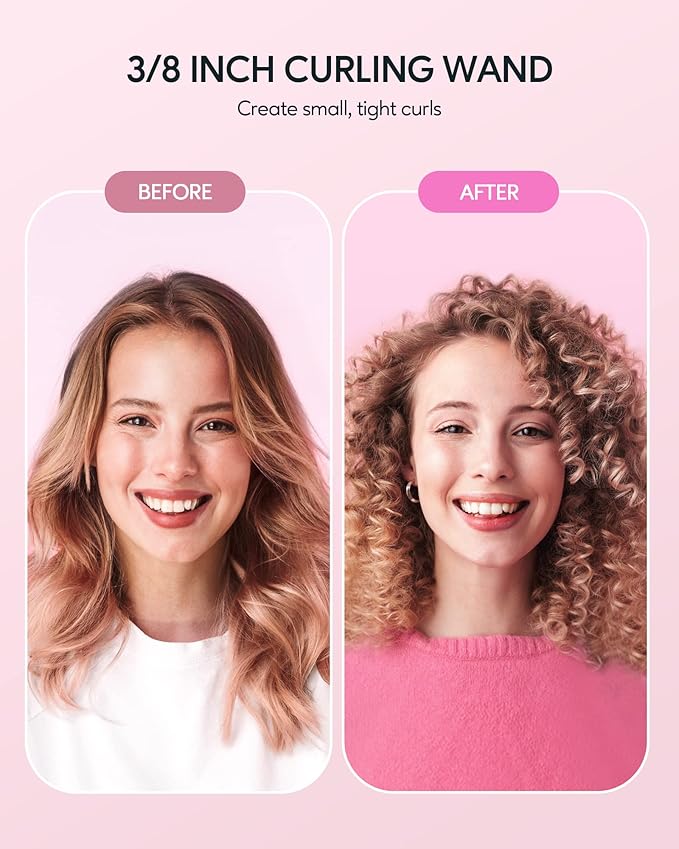 Wavytalk 3/8 Inch Small Curling Wand Wand Curling Iron for Short &amp Long Hair Ceramic Barrel with Adjustable Temperature Heat Resistant Glove Included (Rose Pink)
