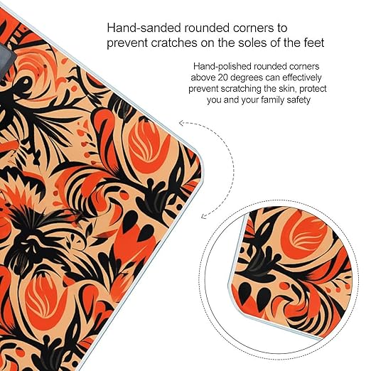Orange Folk Pattern Scale for Body Weight Anti-Slip Digital Bathroom Scale Sturdy Toughened Glass Weighing Scales High Precision Safe Rounded Corners Smart Scales
