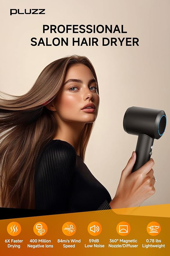 Hair Dryer with Comb &amp Diffuser Attachment for Curly Hair PLUZZ 200M Negative Ionic Blow Dryer Brush High-Speed Brushless Motor Hairdryer Fast Portable Travel Hair Dryers Quiet Women/Men/Kids