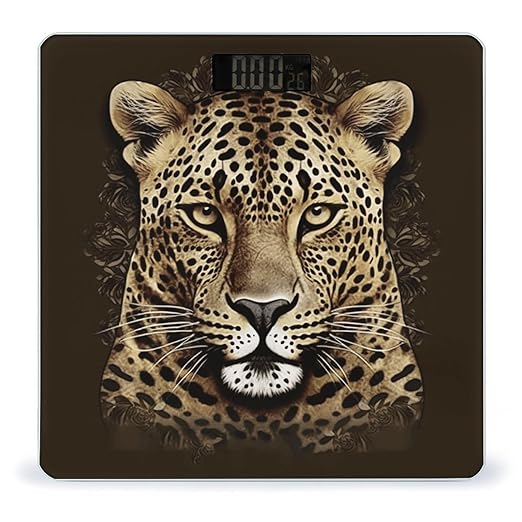 Patterned Leopard Head Scale for Body Weight Anti-Slip Tempered Glass Digital Bathroom Scales Clear LCD Display Weighing Scale Safe Rounded Corners Smart Scales