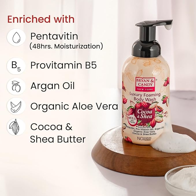 Luxury Foaming Body Wash with Pentavitin Pro Vit B5 Argan Oil Skin Friendly pH 5.5 All Skin Types 400 Ml (Cocoa Shea)