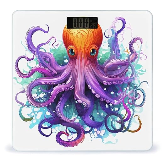 Colorful Octopus Scale for Body Weight Safe Rounded Corners Tempered Glass Digital Bathroom Scale LED Display 400lb Capacity Weight Scales with High Precision Sensors