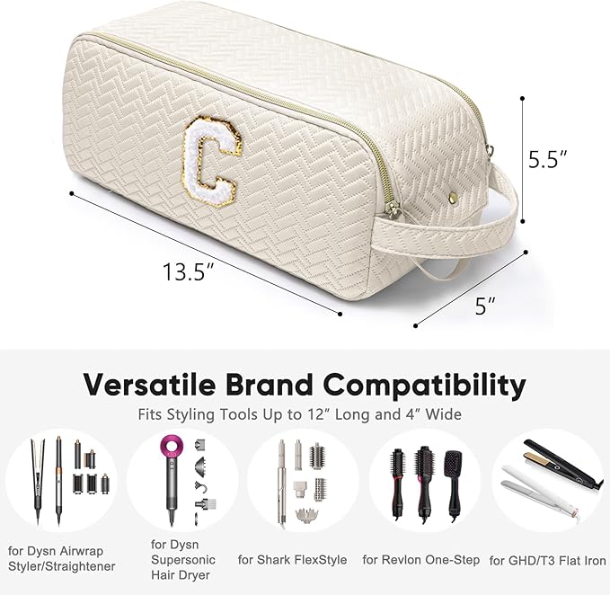 Initial Personalized Hair Tools Travel Bag Compatible with Shark FlexStyle Revlon &amp Dyson | Hair Dryer Brush Organizer Flat Iron Curling Iron Makeup &amp Cosmetic Bag for Travel Essentials