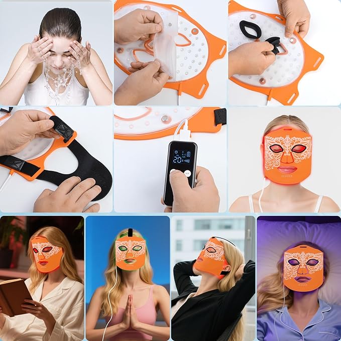 Red Light Therapy for Face Mask with Ice Compress 850nm Infrared Red Light Therapy 7+1 Light Modes Led Face Mask Light Therapy Level 5 Timing 3000mAh Led Mask Light Therapy for Home Orange
