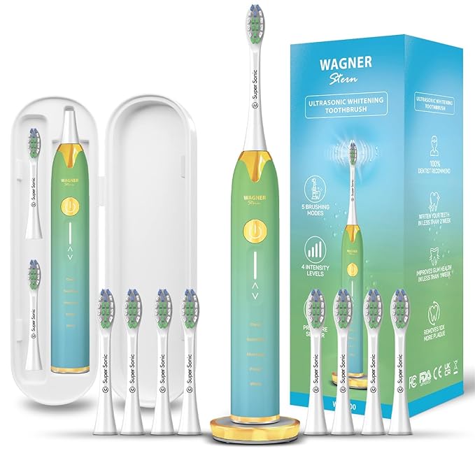 Wagner Stern Ultrasonic whitening Toothbrush with Pressure Sensor. 5 Brushing Modes and 4 Levels of Intensity 8 Soft bristles Travel case.