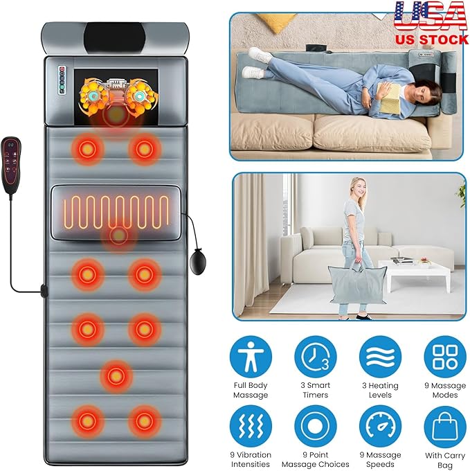 KOCASO Full Body Massage Mat with Heat - 10 Vibration Motors &amp 9 Modes Electric Neck Massager with with ith Neck Back Massager Lumbar Pillow Timer Anti-Slip Bottom Back Massage Mattress Chair Pad