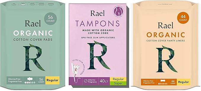 Rael Orgainic Cotton Feminine Care Trio - Regular Pads for Women (56 Count) &amp BPA-Free Slim Applicator Tampons Multipack (Regular &amp Super 40 Count) &amp Regular Panty Liners for Women (44 Co