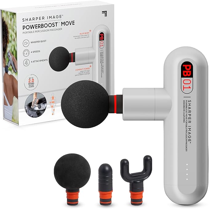 Sharper Image Powerboost Move - Mini Percussion Massage Gun| 4 Attachments 4 Speeds FSA Eligible| Full Body Back &amp Shoulder Massager| Deep Tissue Muscle Recovery| Portable Pain Relief Massage To