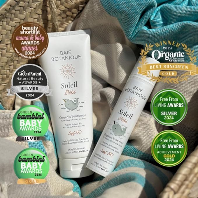 Baie Botanique Soleil Bébé - Organic Non-Toxic Mineral Baby Sunscreen SPF 50 - Sunflower &amp Jojoba - Unscented - Natural - Vegan - No White Cast - Reef Safe - UVA/UVB - 100g