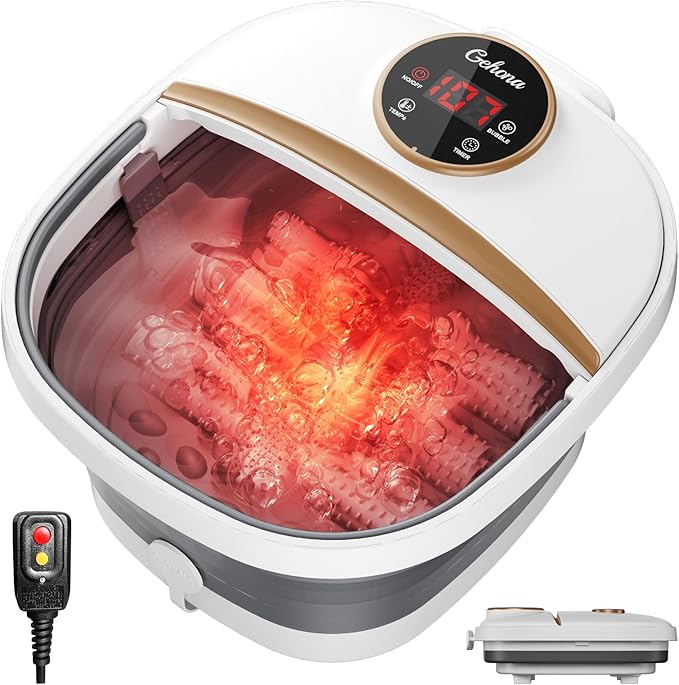 Collapsible Foot Spa Bath with HeatFoot Massager with Two Side SupportsLeakage ProtectorTemperature ControlBubblesRed LightTimer Feet Spa TubFeet SoakerGifts (White)