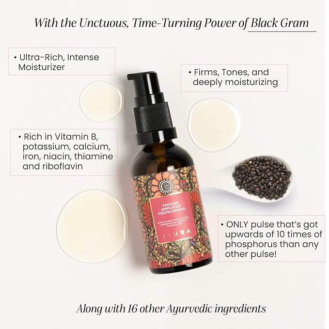 iYURA Yauvari Amplified Youth Spring—Face &amp Neck Moisturizer for Dry to Very Dry/Mature Skin | Firms the Look of Cheeks Jowls &amp Neck | Pro-Aging Natural Face Oil with Black Gram | 1.69 fl oz