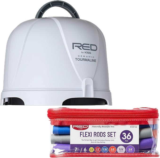 Red by Kiss 3000 Ceramic Tourmaline Professional Hood Dryer with 36PCS Flexi Rods Set – Adjustable Height Blow Dryer + No Heat Hair Curlers for Home &amp Salon Styling