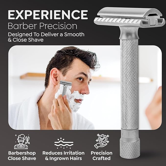 Parker THE VARIANT CLOSED COMB - ADJUSTABLE Double Edge Safety Razor Customize your Shave with a Turn of the Dial from Mild to Aggressive - 5 Blades Included (SATIN CHROME)