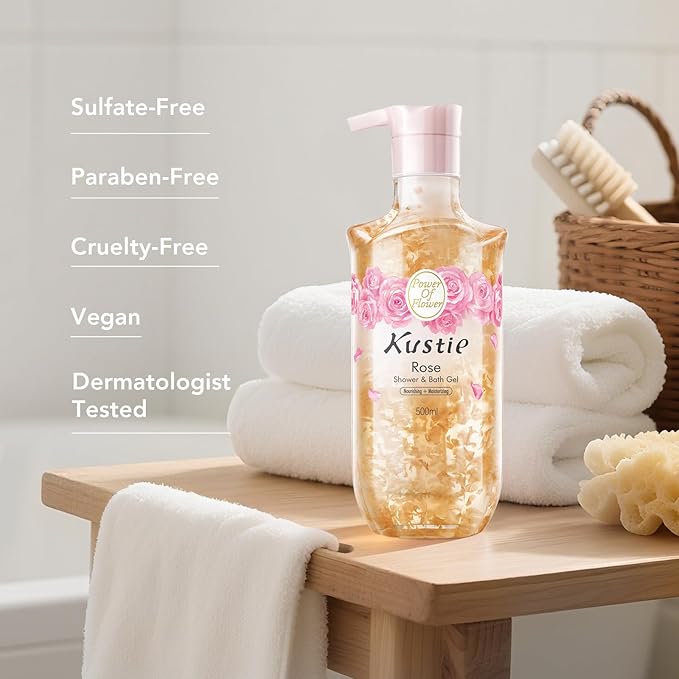 Kustie Rose Body Wash with Real Flower Petals – Moisturizing Shower Gel with Rose Water Rose Oil &amp Hyaluronic Acid Hydrating Floral Cleanser for Dry &amp Mature Skin 16.9 fl oz