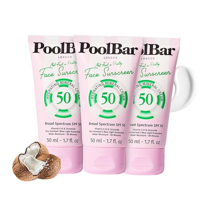 PoolBar Mineral Face Sunscreen Cream for Women and Men Sun Care SPF 50 Hydrating Mineral Vitamin C E and Ceramide Non Scented Water Resistant Sunscreen Blue Light Protection - 50ml (Pack of 3)