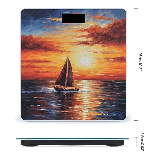 Sunset Sailboat Scale for Body Weight Anti-Slip Tempered Glass Digital Bathroom Scales Clear LCD Display Weighing Scale Safe Rounded Corners Smart Scales