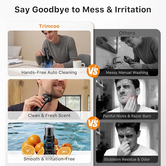 Electric Shaver for Men - Trimcoo 5-Blade Foil Razor Kit | Gentle on Sensitive Skin | Self-Cleaning Center USB-C Charging 180min Runtime IPX7 Wet/Dry Use with Pop-Up Trimmer Ideal Grooming Gift