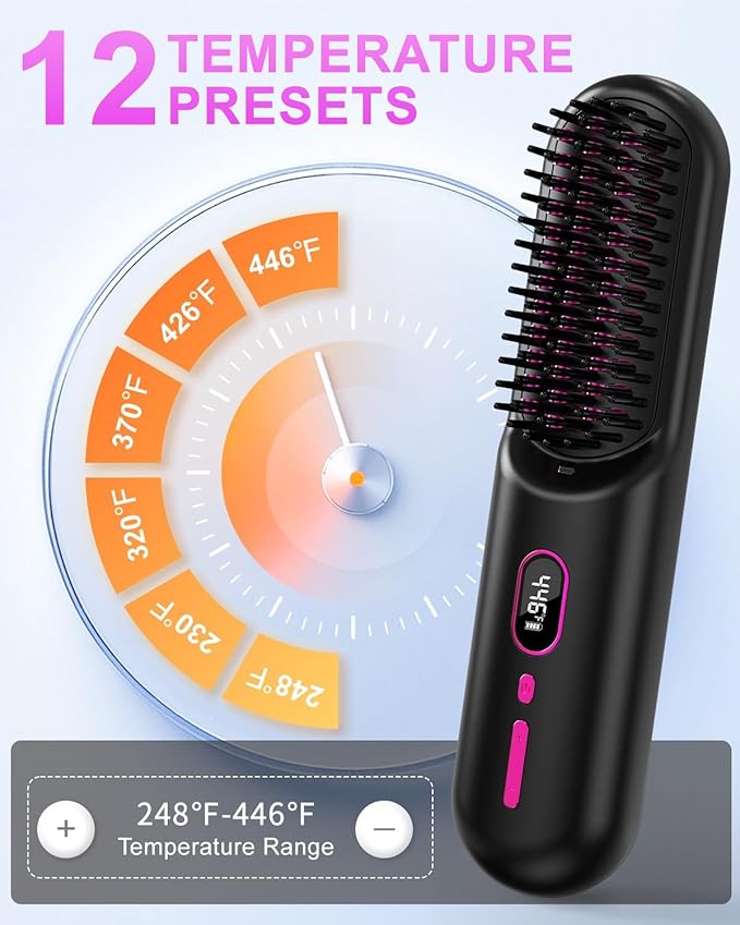 Sunwhisper Cordless Hair Straightener Brush with 200 Million Anion Portable Comb for Travel with LCD Display 2 Clips - Black