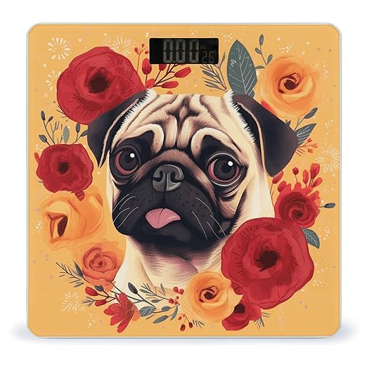 Pug Flower Digital Bathroom Scale for Body Weight Weighing Scale with Backlit LCD Display High Precision Measurements &amp Measures Weight Up to 180kg