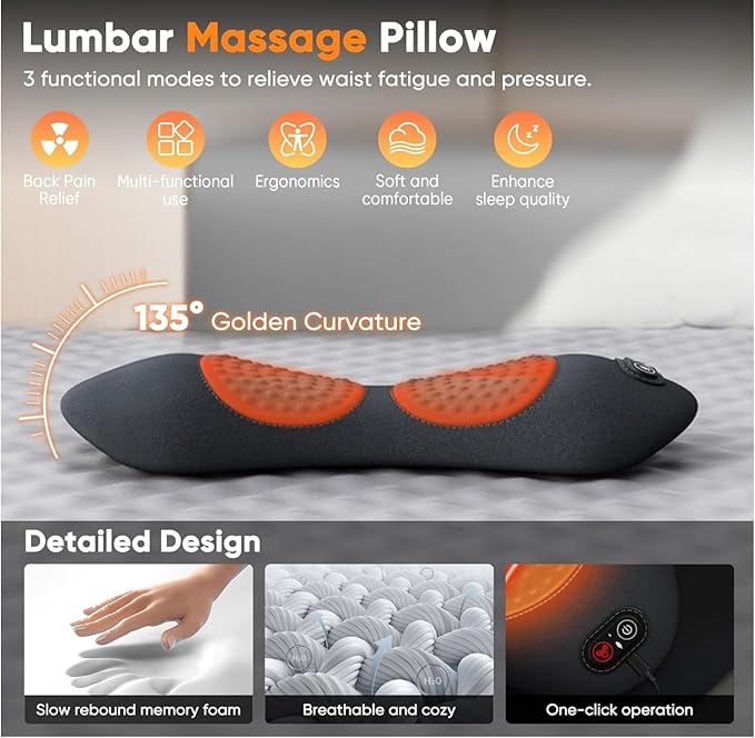 OUTMX 3-in-1 Electric Lumbar Support Pillow for Bed &amp Chair Heated Vibration &amp Traction Back Massager for Lower Back Pain Relief Adjustable Deep Tissue Spine Support Home &amp Office Use(S