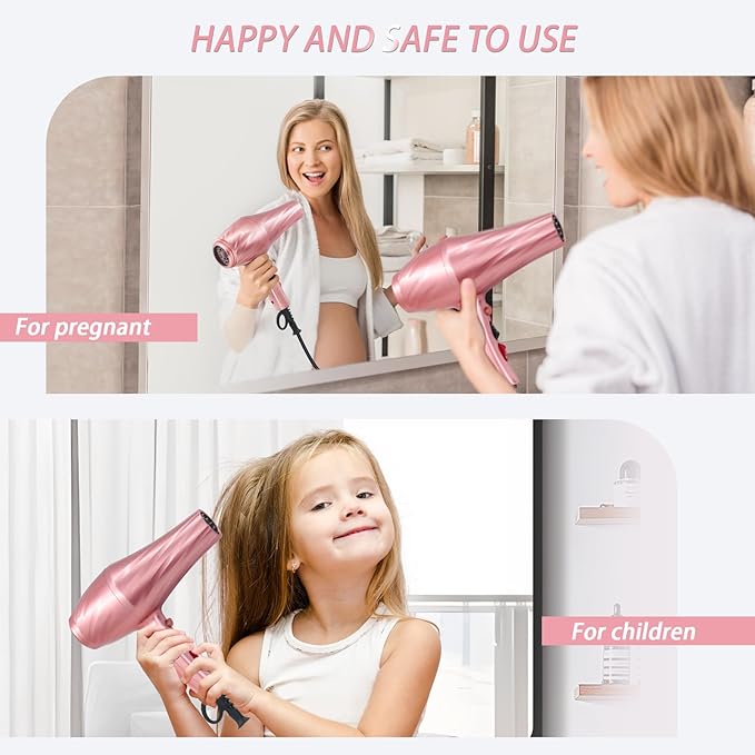 Ionic Hair Dryer2400W Negative Ion Low Noise Hair Dryer Professional Fast Drying Hair Dryers with 2 Speeds 3 Heat Settings Cooling Buttonwith Diffuser for Curly and Straight Hair（Sakura Pink）