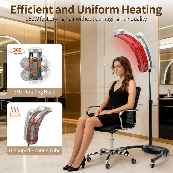 Vertical Hairdressing Heater Hair Color Processor Heating Stand with Wheels Adjustable Height Temperature Time Standing Hair Dryer Vertical Cold Iron Hair Dryer Adjustable Angle(45° 90° 180°)