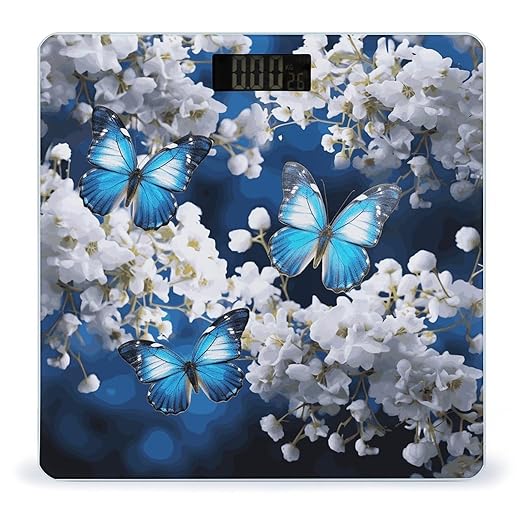 Blue Butterflies White Flowers Bathroom Scale for Body Weight Bathroom Weighing Scale with Backlit LCD Display Highly Accurate Measures Weight Up to 180kg