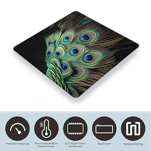 Green Peacock Feather Weight Scale Large Bathroom Scales Digital Weight with Bright LED Display Non Slip Automatic Weighing Scale Fashion Weighing Machine for Body