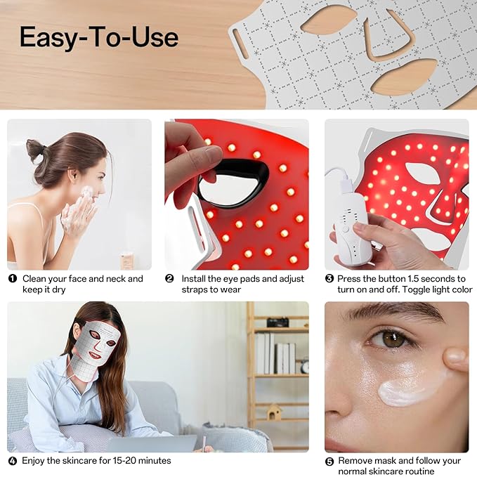 Red Light Mask for Face and Neck 7 Colors Red Light Face Mask with Rechargeable Remote Controller Flexible Portable Lightweight and Ergonomic for Home &amp Travel (White)