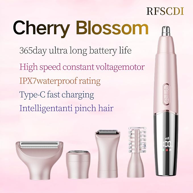 5-in-1 Rechargeable Nose &amp Facial Hair Trimmer - IPX7 Waterproof Dual Edge Grooming Kit for Men &amp Women Perfect for Hair Removal of Nose Eyebrows Arm Bikini and Ear Hair (Pink)