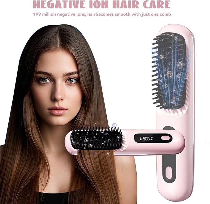 Cordless Hair Straightener Brush 7.8 Mini Hair Straightener with LCD Temperature Display Portable Hair Straightener Comb for Travel Negative Ionic Brush Straighteners for Women (Pink)