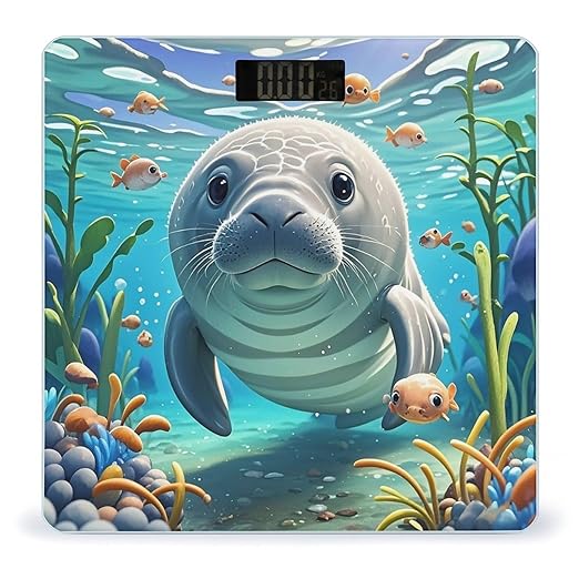 Cute Sea Animal Manatee Scale for Body Weight Digital Bathroom Scale Toughened Glass High Precision Scales for Body Weight with Large LCD Backlight Display Weight Scales