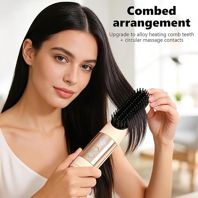 Go Brush Pro 2026 Hair Straightener 3-Temperature Fast Heating Ceramic Ionic Hair Brush Portable Frizz Control Styling Tool for Women Beige