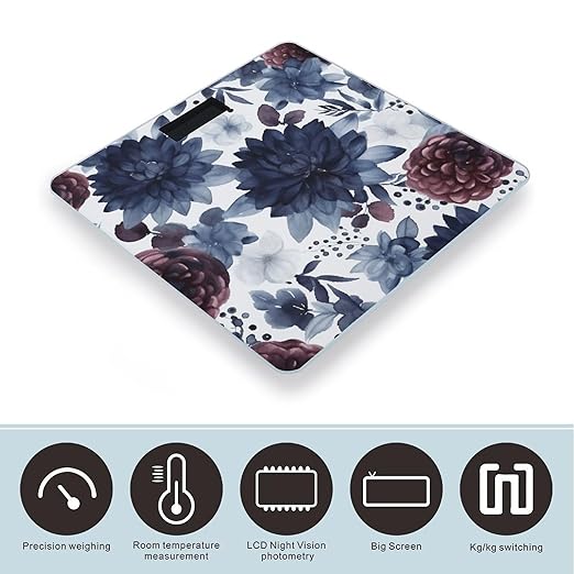 Watercolor Dark Blue Pattern Scale for Body Weight Anti-Slip Tempered Glass Digital Bathroom Scales Clear LCD Display Weighing Scale Safe Rounded Corners Smart Scales