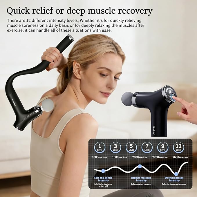 Sfozstra Deep Tissue Massage Gun: Handheld Electric Percussion Muscle Massager with 12-Speed Intelligent Feedback System &amp AI-Powered Response - Detachable Extended Handle for Back Leg Pain Relief